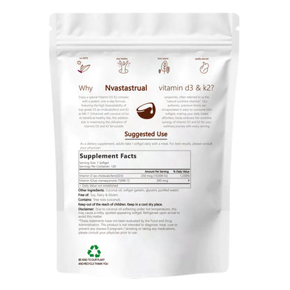 Vitamin D3 & K2 supplement pouch back panel with supplement facts