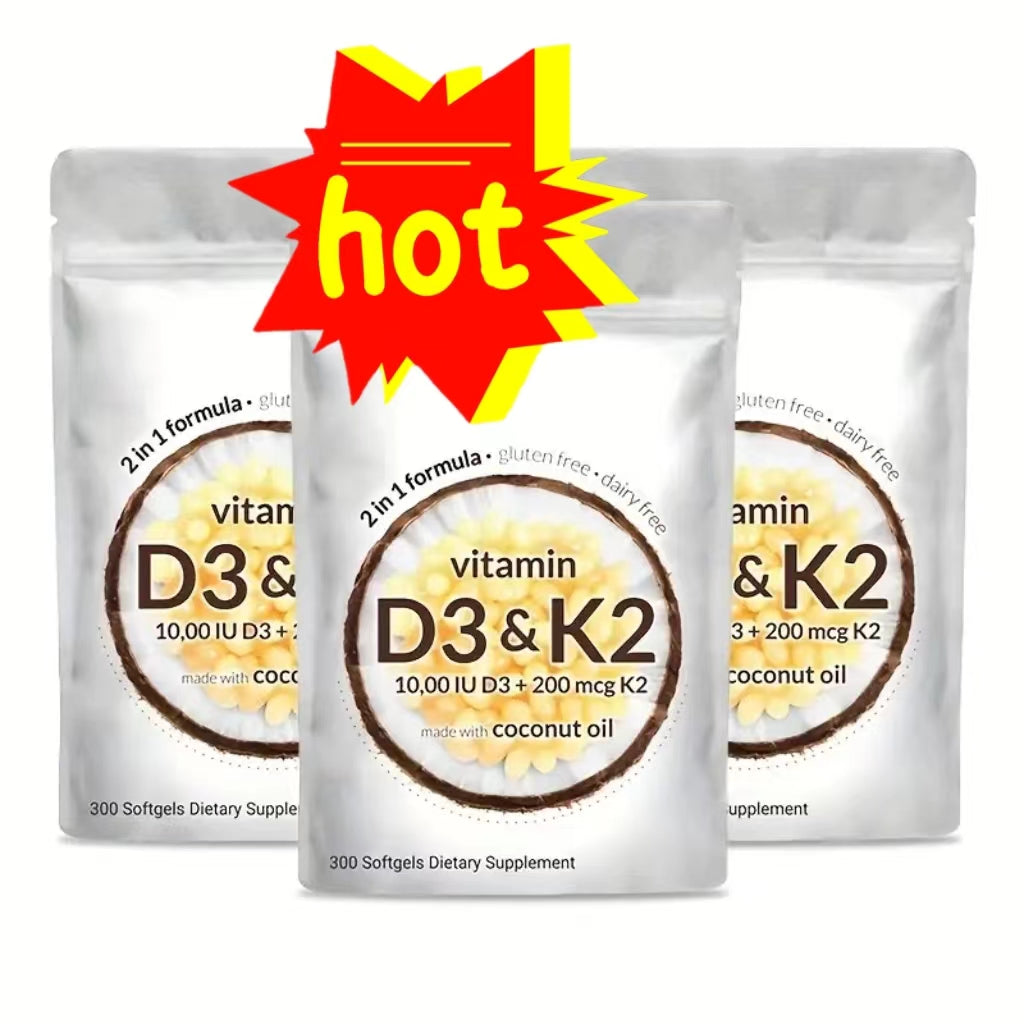 Three Vitamin D3 & K2 supplement pouches with red hot badge