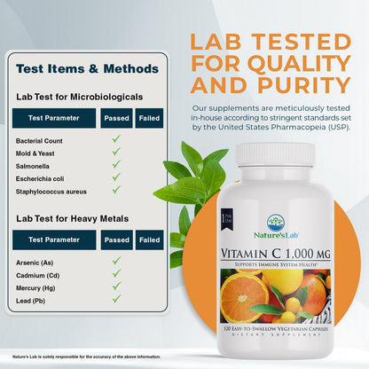 Nature's Lab Vitamin C 1,000 mg bottle with lab-tested quality panel