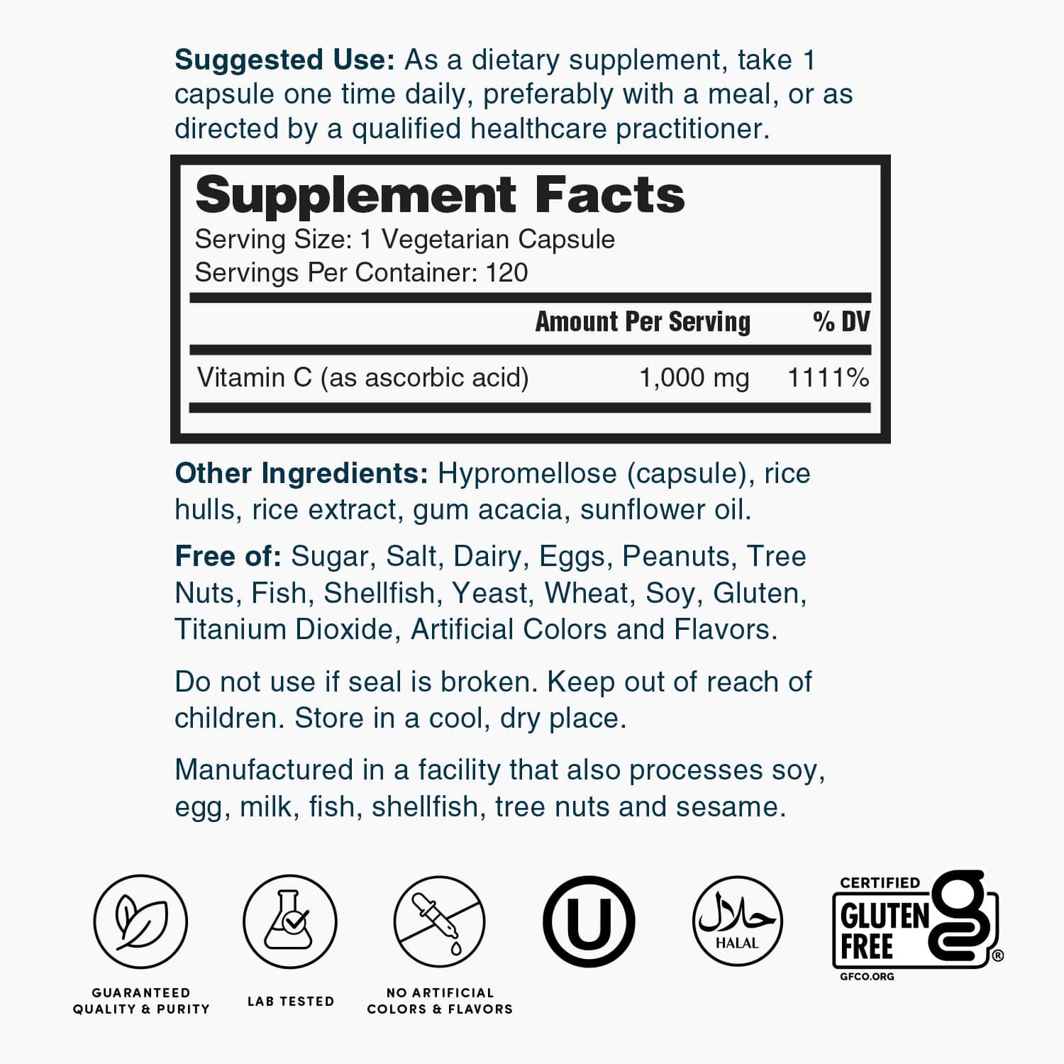 Nature's Lab Vitamin C 1,000 mg Supplement Facts label for 120 capsules