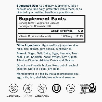 Nature's Lab Vitamin C 1,000 mg Supplement Facts label for 120 capsules