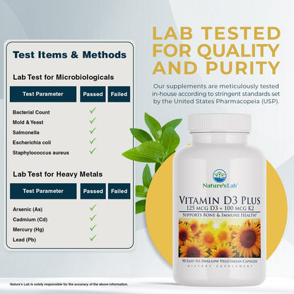 Vitamin D3 supplement bottle with white cap beside lab test checklist panel