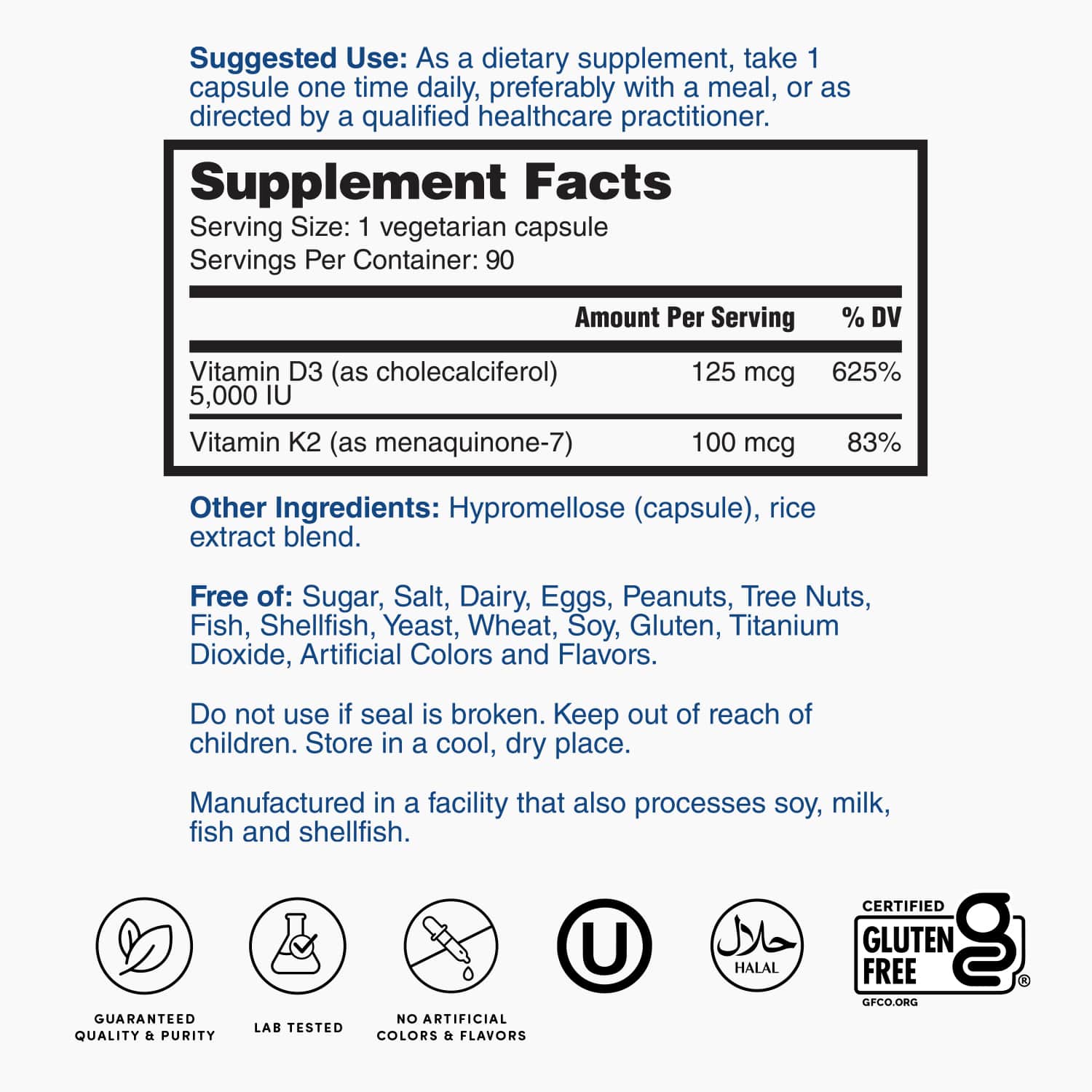 Supplement facts label showing Vitamin D3 and K2 amounts and gluten-free icon