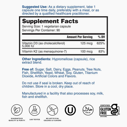 Supplement facts label showing Vitamin D3 and K2 amounts and gluten-free icon
