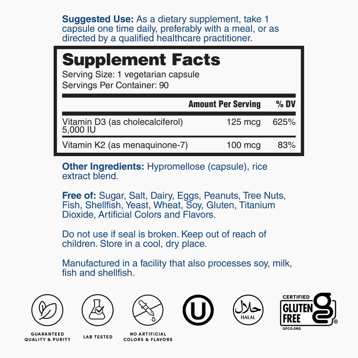 Supplement Facts panel on Vitamin D3 bottle with serving size and amounts