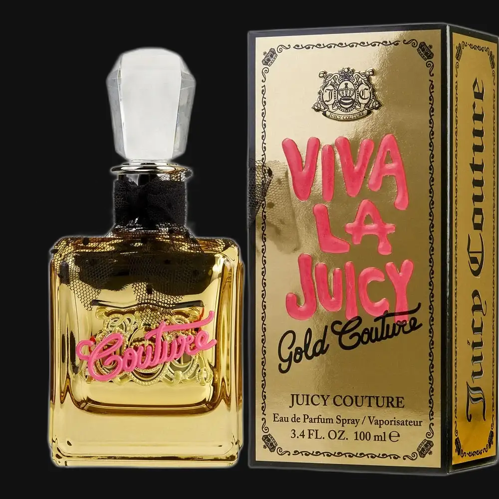 Gold Couture Eau de Parfum bottle with gold liquid, clear cap, and Viva La Juicy label