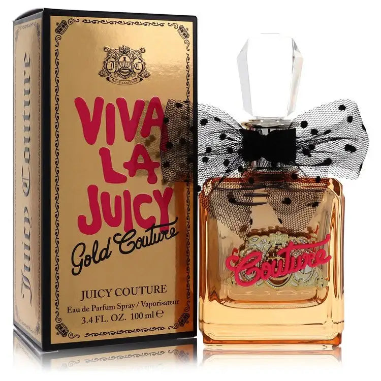 Gold Couture Eau de Parfum bottle with black bow and polka-dot cap, plus Viva La Juicy box