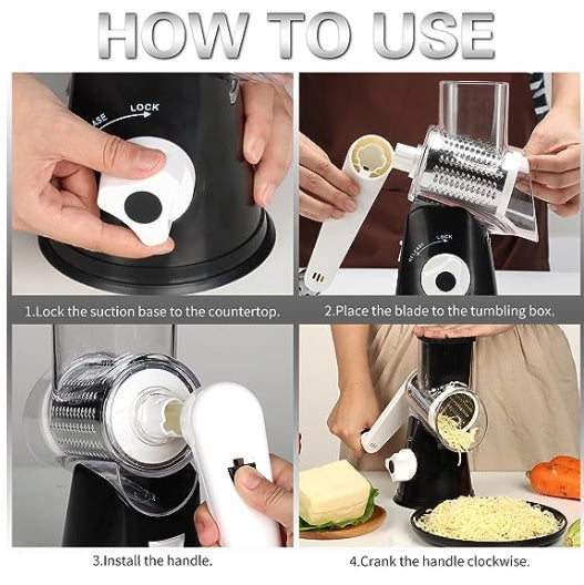 Black manual grater with white suction base and removable handle