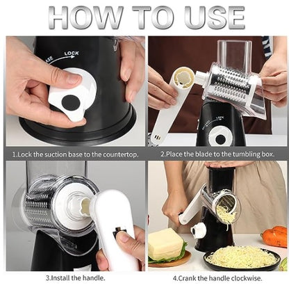 Black manual grater with white suction base and removable handle