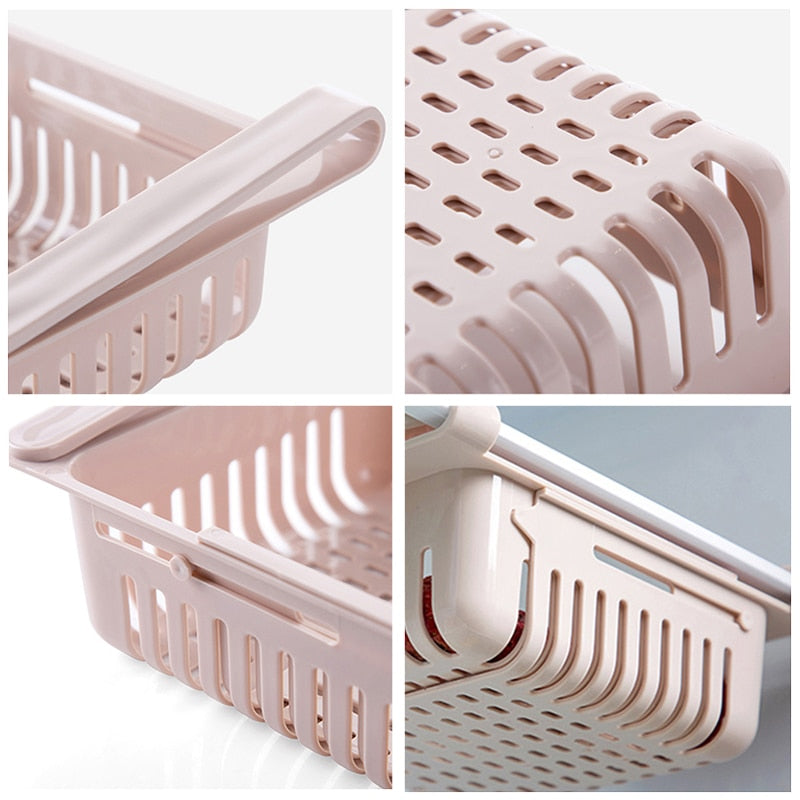Plastic kitchen shelf organizer basket with vented sides and corner handle (close-up)