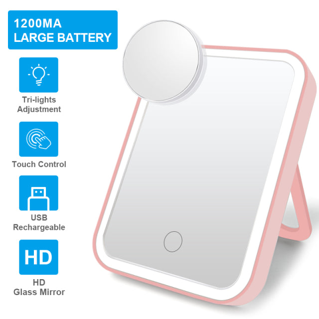 Pink-and-white makeup mirror with LED tri-light and touch control