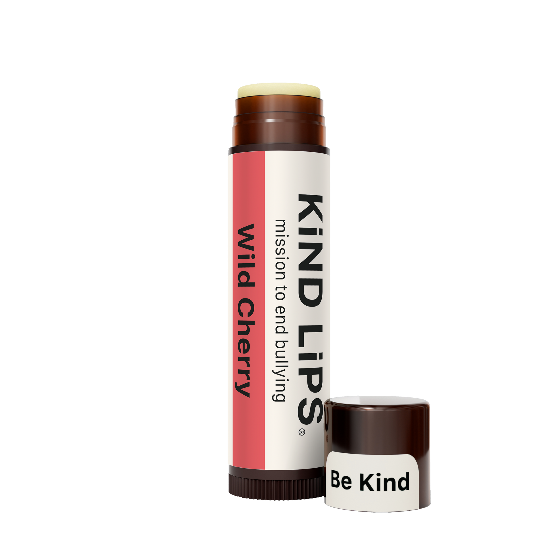 Lip balm tube and cap in brown with pale yellow base; standing side view.