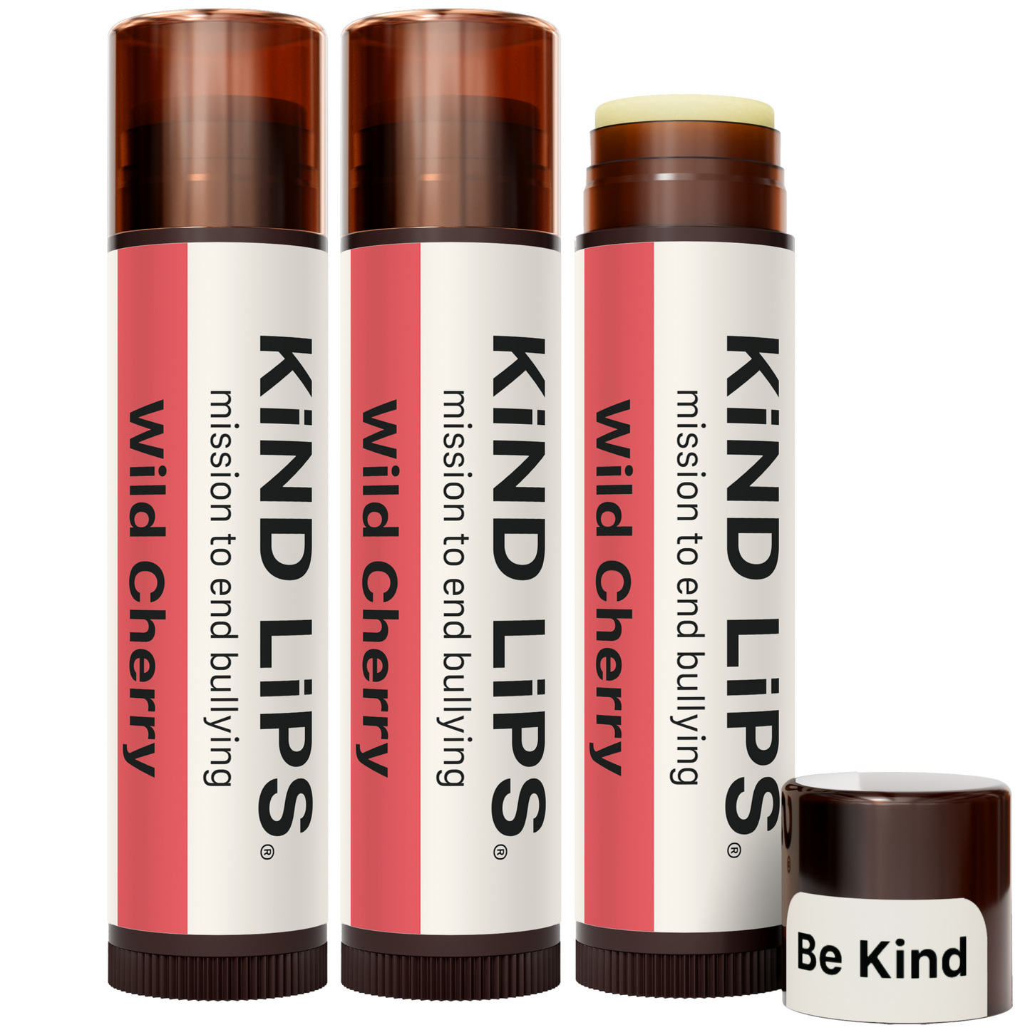 Set of Wild Cherry lip balm tubes with brown caps and one capped stick.