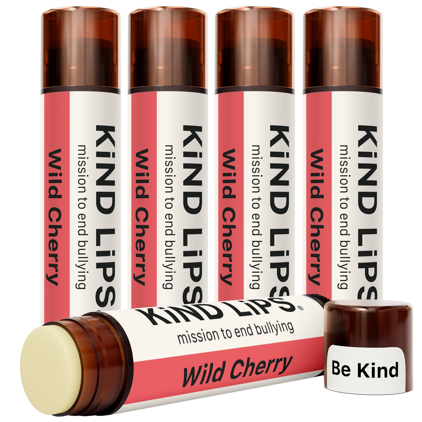 Multiple Wild Cherry lip balm tubes with one open stick and matching cap.