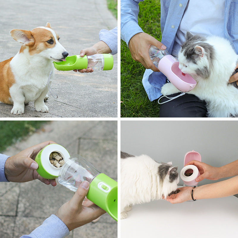 Pet dog water feeder bottle, green and pink with dog drinking from the nozzle
