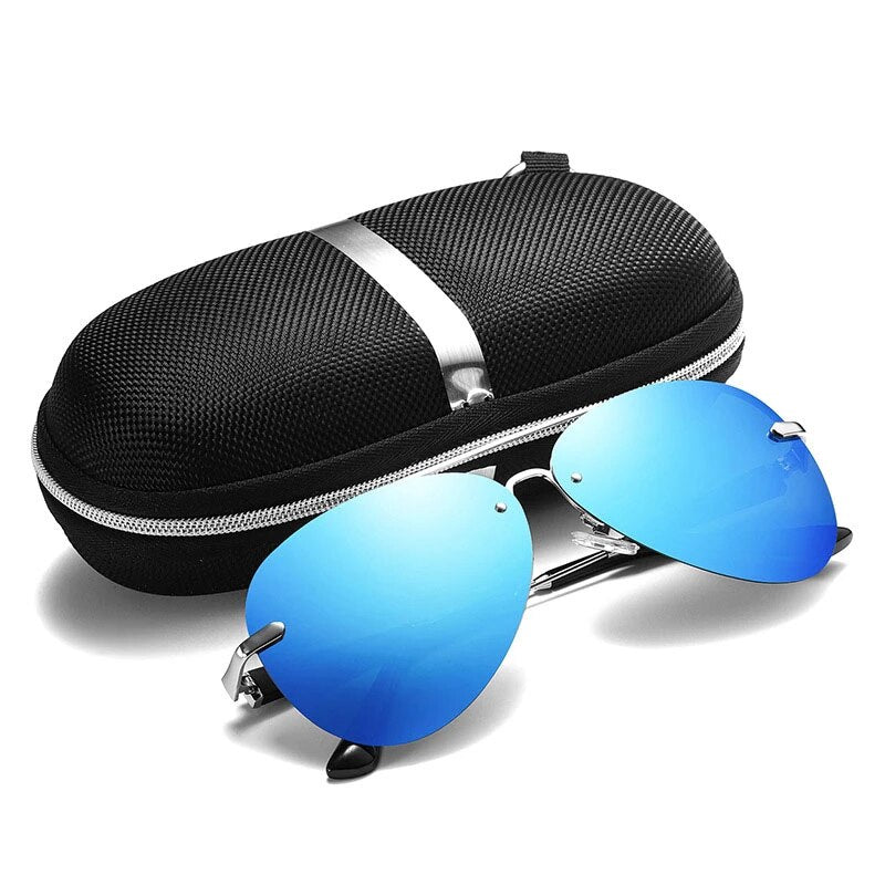 Men’s sunglasses with blue mirrored lenses in a textured black case