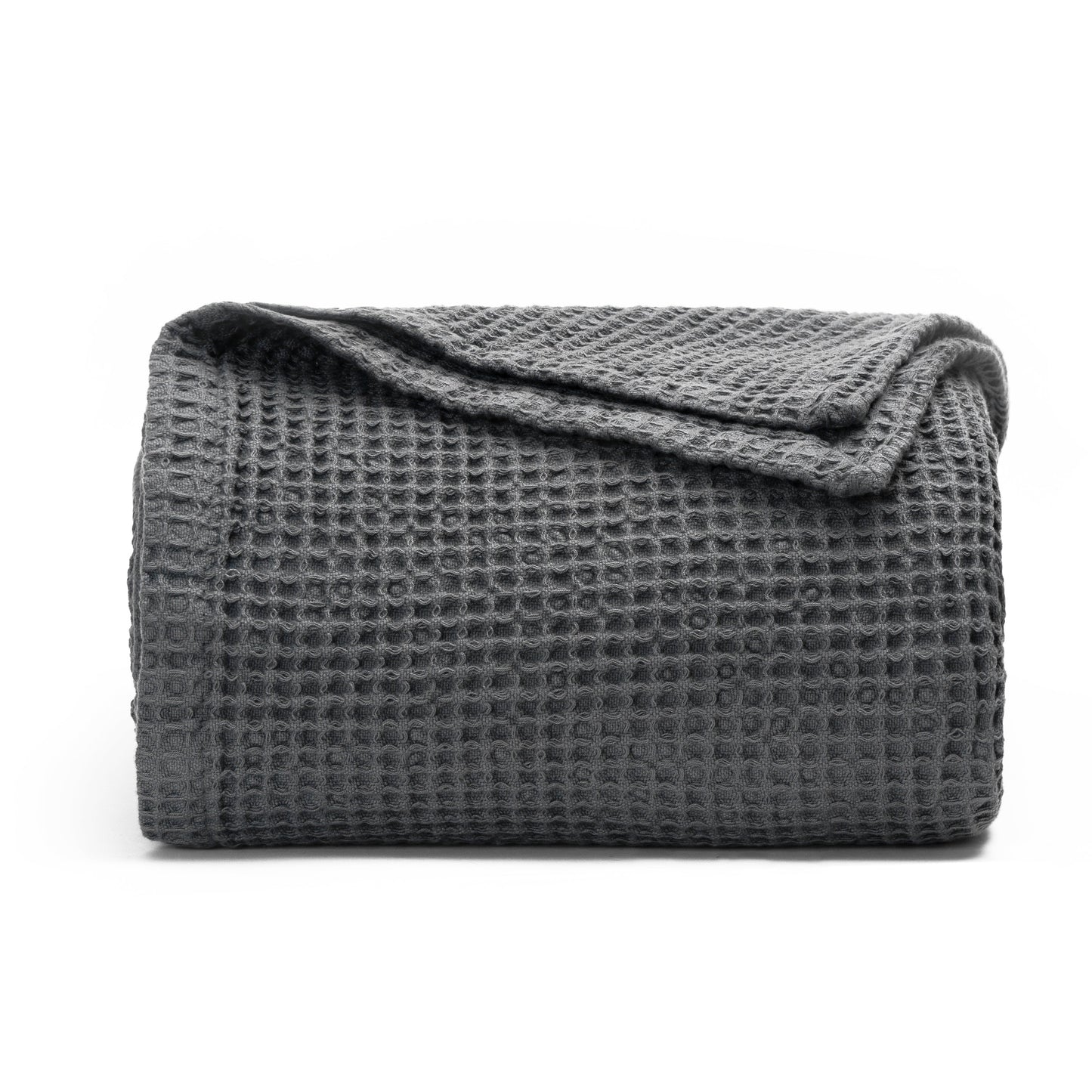 Gray waffle-weave blanket folded with a textured waffle pattern