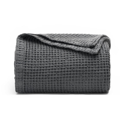 Gray waffle-weave blanket folded with a textured waffle pattern