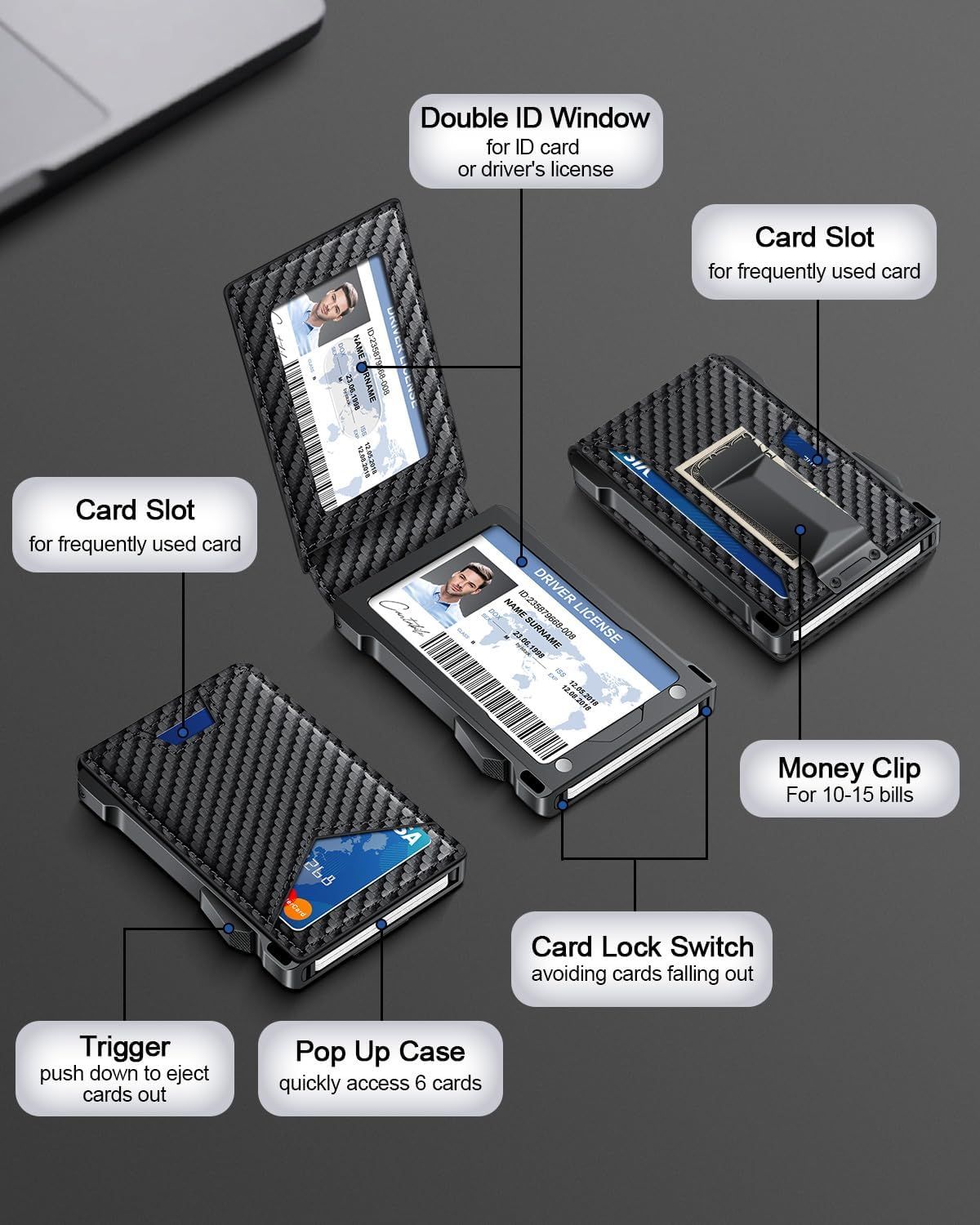 Wallet for Men RFID Wallet with 2 ID Windows & Money Clip, Slim Pop Up Card Holder for 10-12 Cards, Bifold Minimalist Smart Wallet for Front Pocket, Compact Metal Credit Card Holder, Gifts for Men - Renee Lane Company