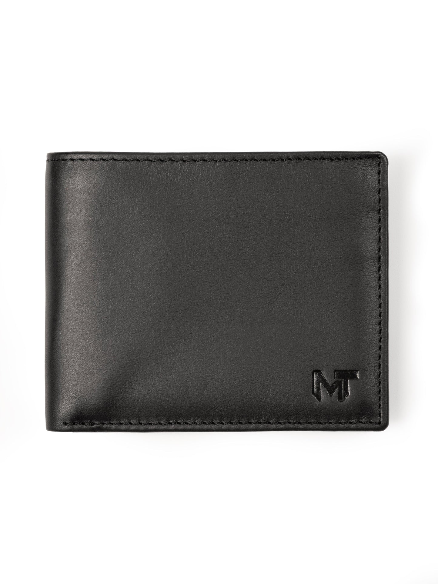 Black bi-fold wallet with MT logo on front