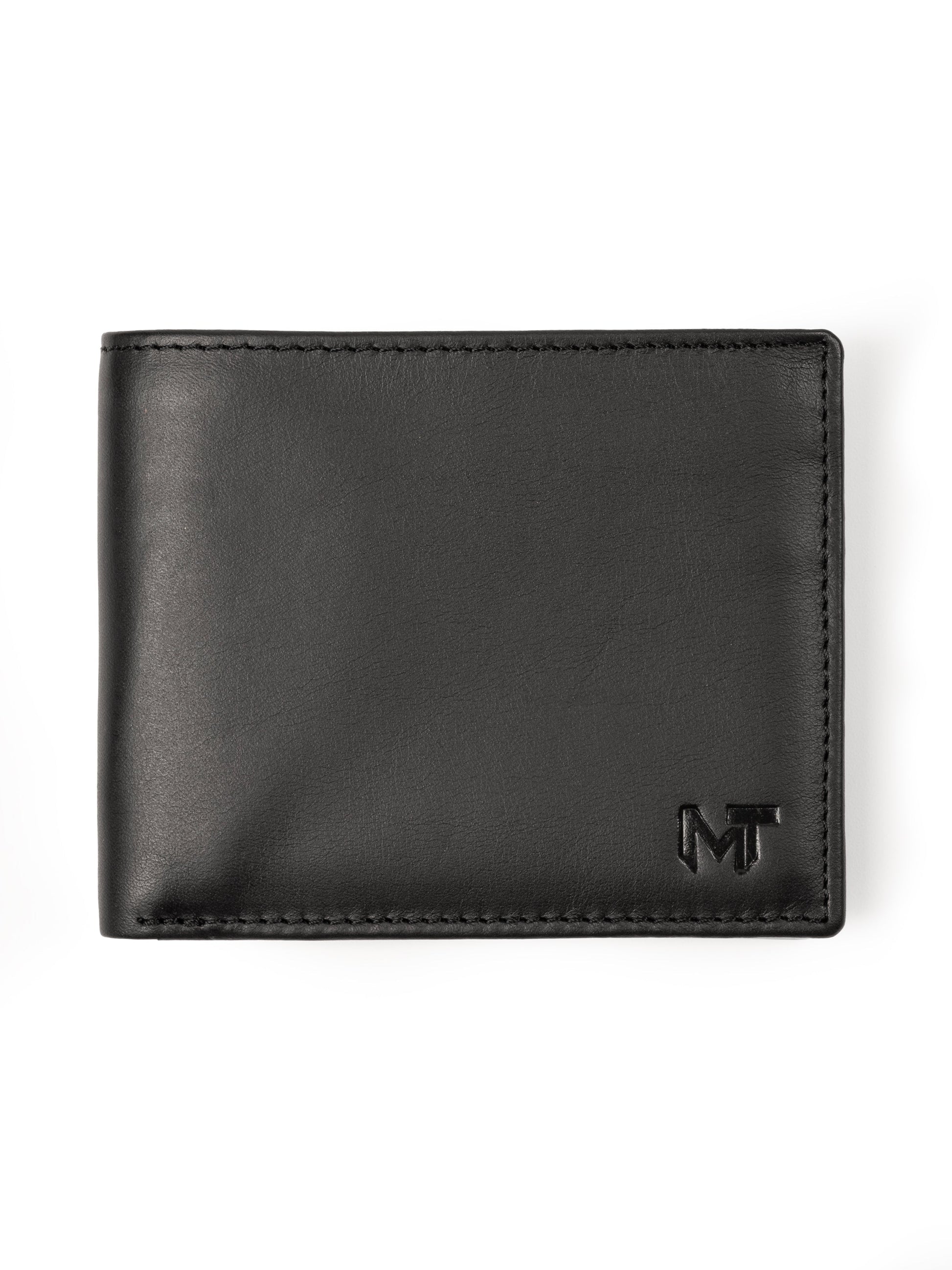 Black bi-fold wallet with MT logo on front