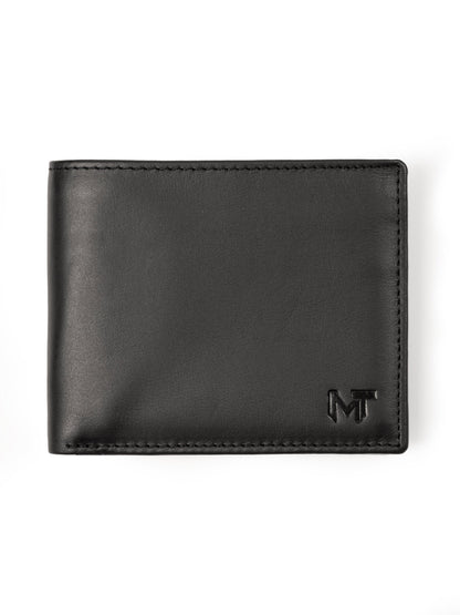 Black bi-fold wallet with MT logo on front