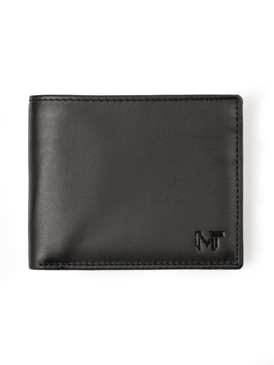 Black bi-fold wallet with MT logo on front
