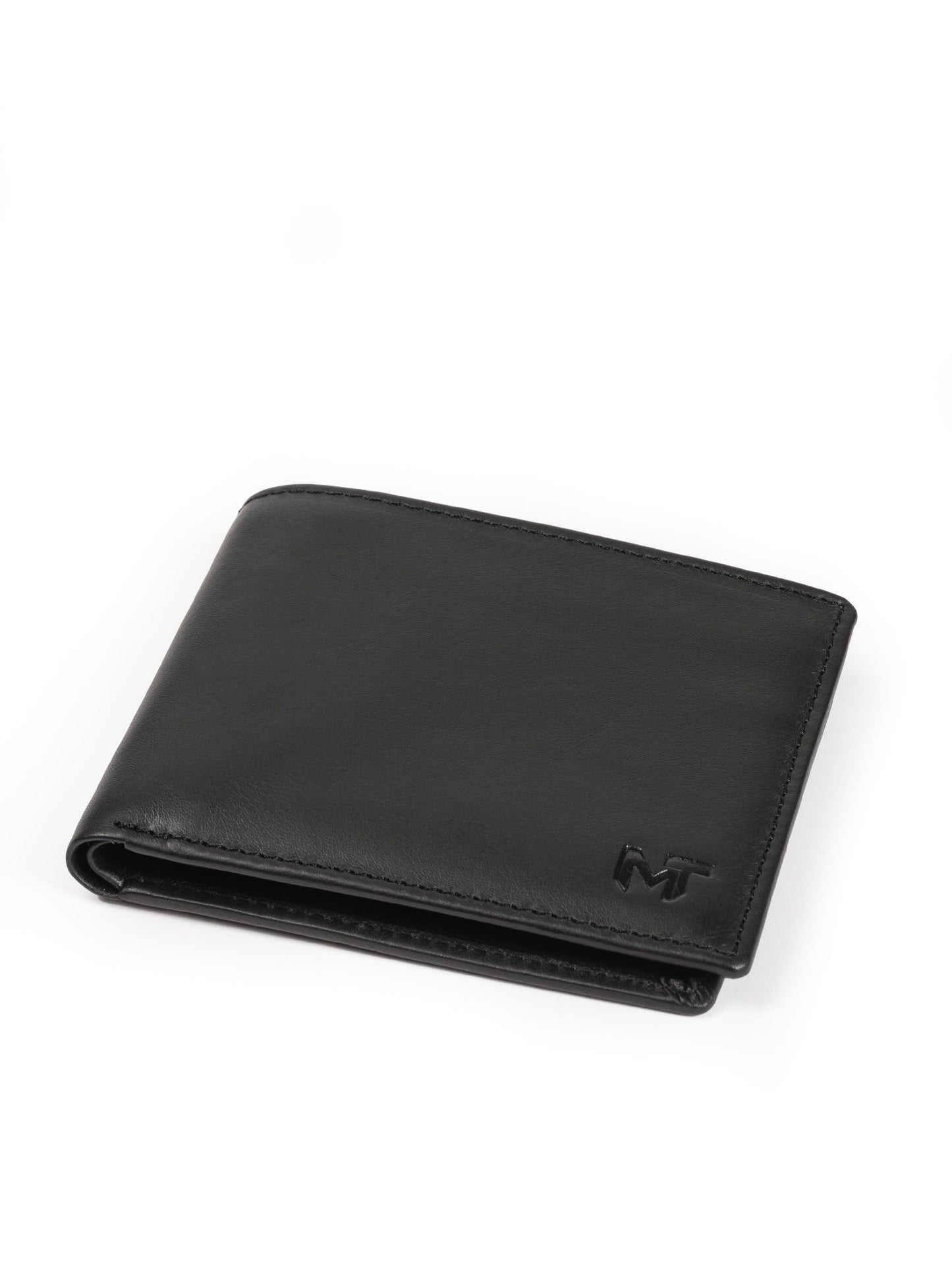 Black bi-fold wallet, closed with stitched edge and small MT logo
