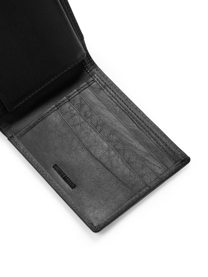 Black bi-fold wallet interior with multiple card compartments and stitching