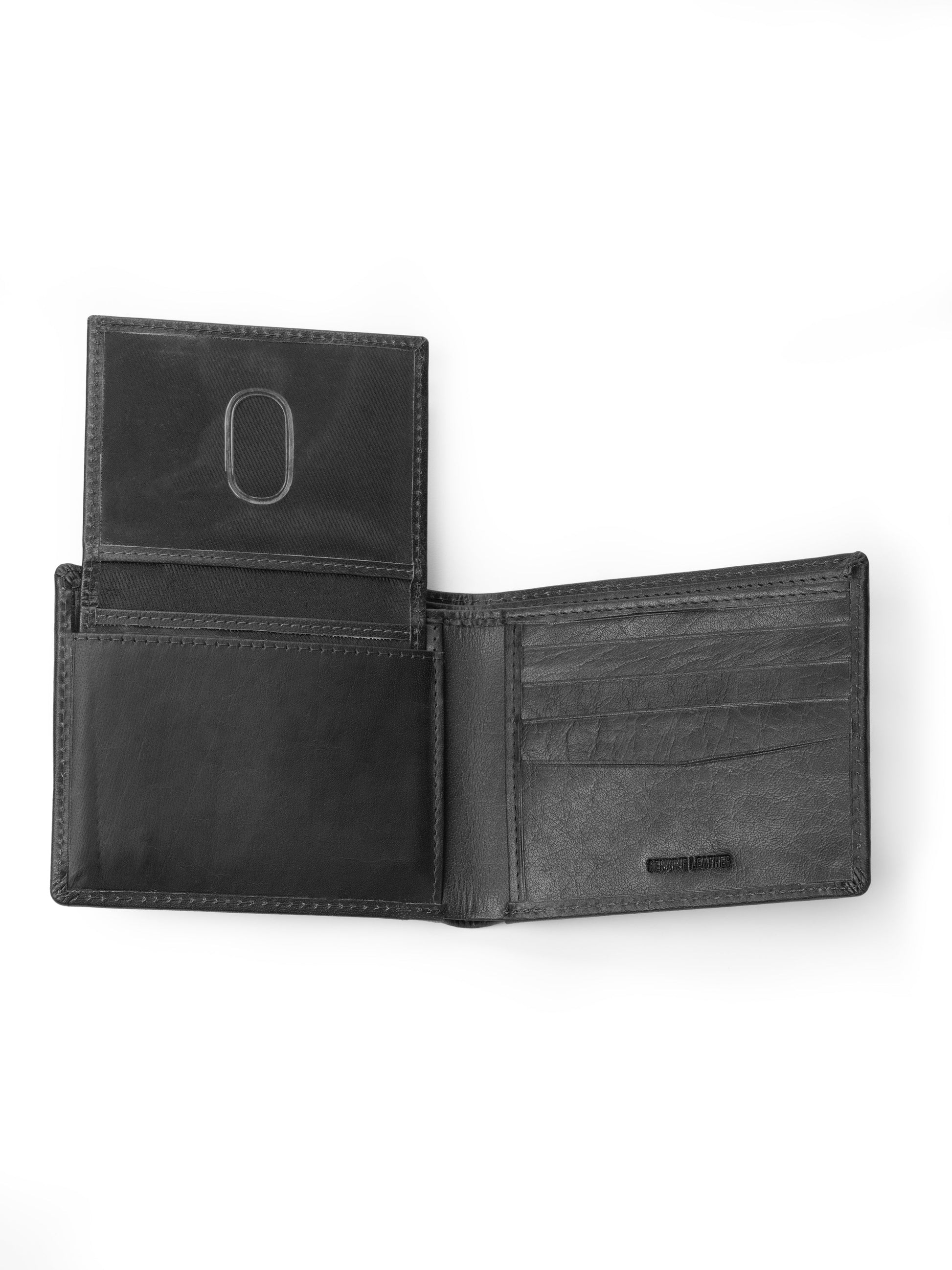 Black bi-fold wallet open, showing bill pocket and card slot with MT mark