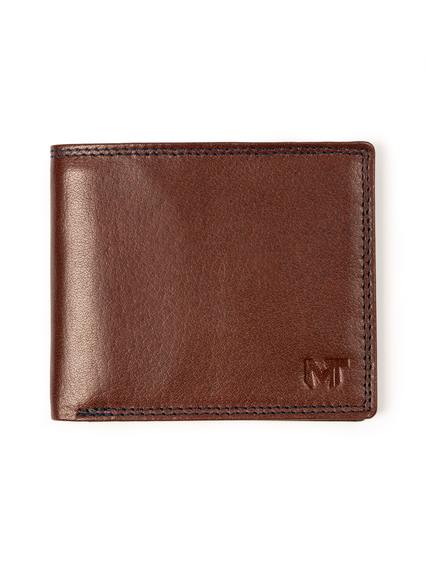 Brown leather cash and card holder with embossed logo and contrast edge stitching