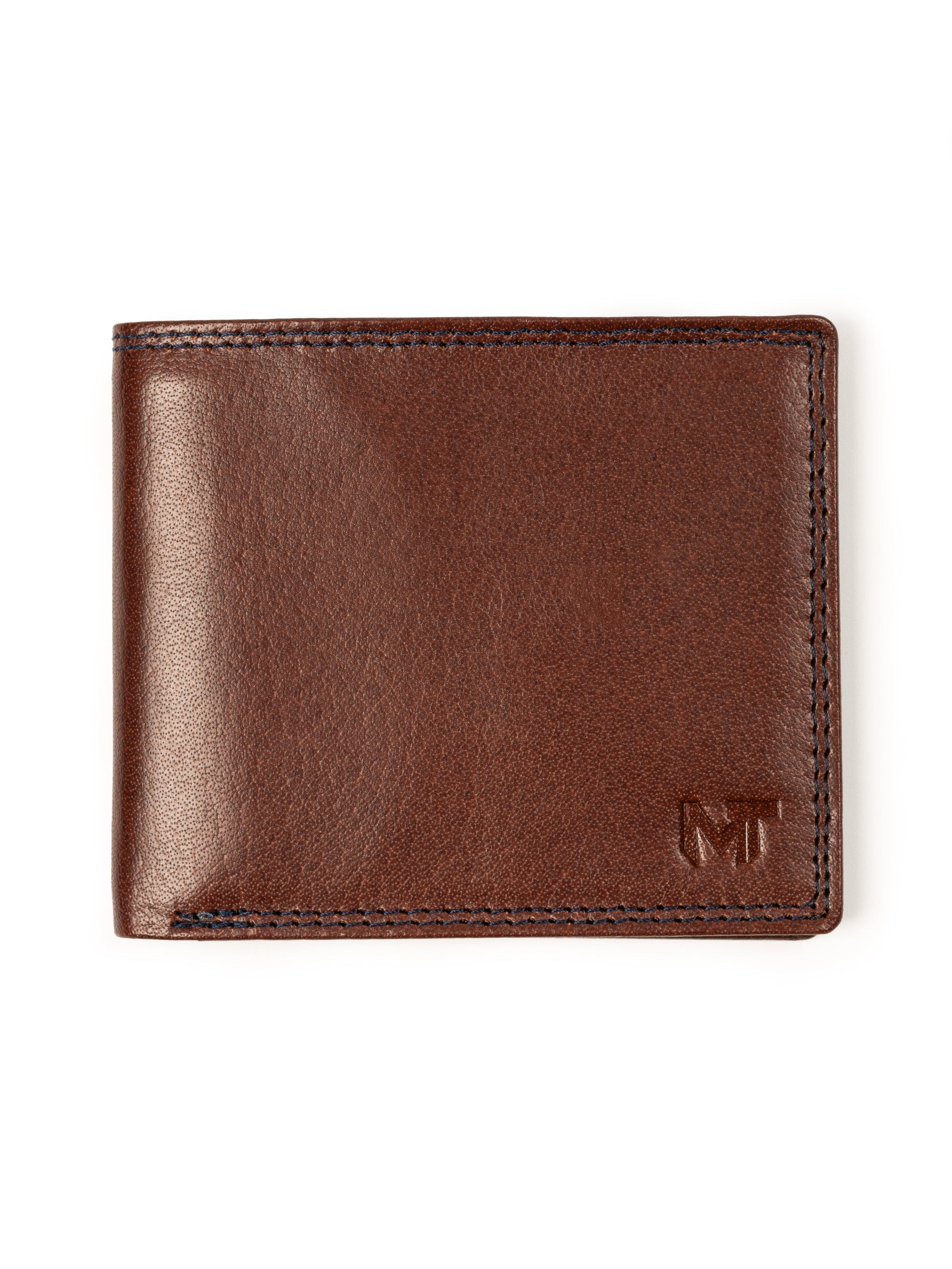 Brown leather cash and card holder with embossed logo and contrast edge stitching