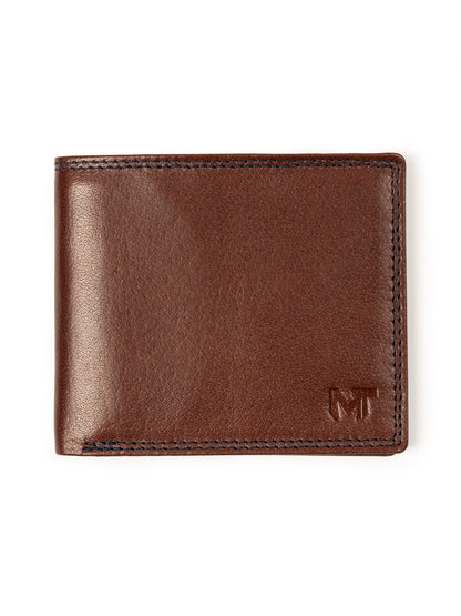 Brown leather cash and card holder with embossed logo and contrast edge stitching
