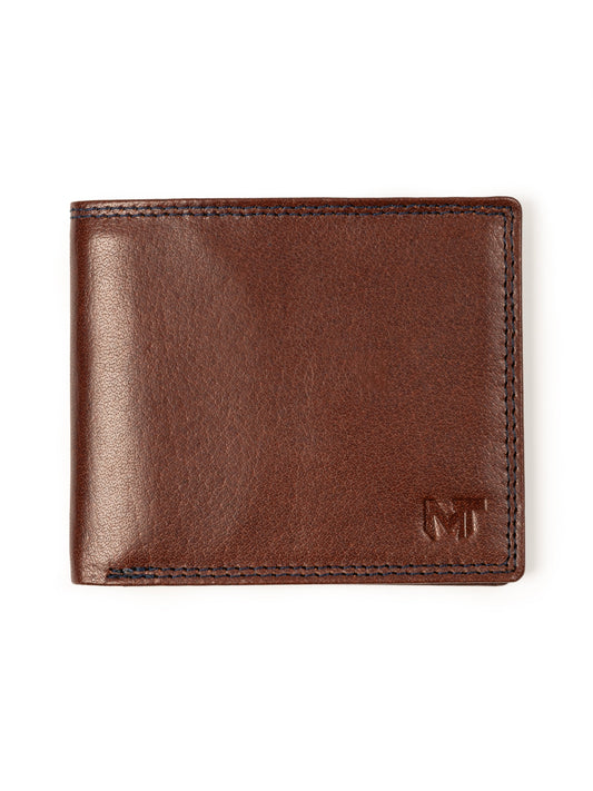 Brown leather cash and card holder with embossed logo and contrast edge stitching