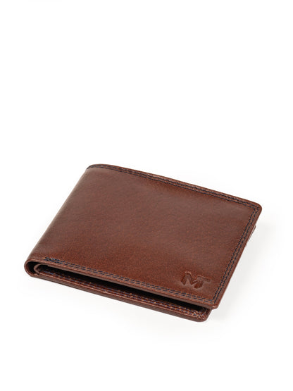 Brown leather cash and card holder, angled view with embossed logo