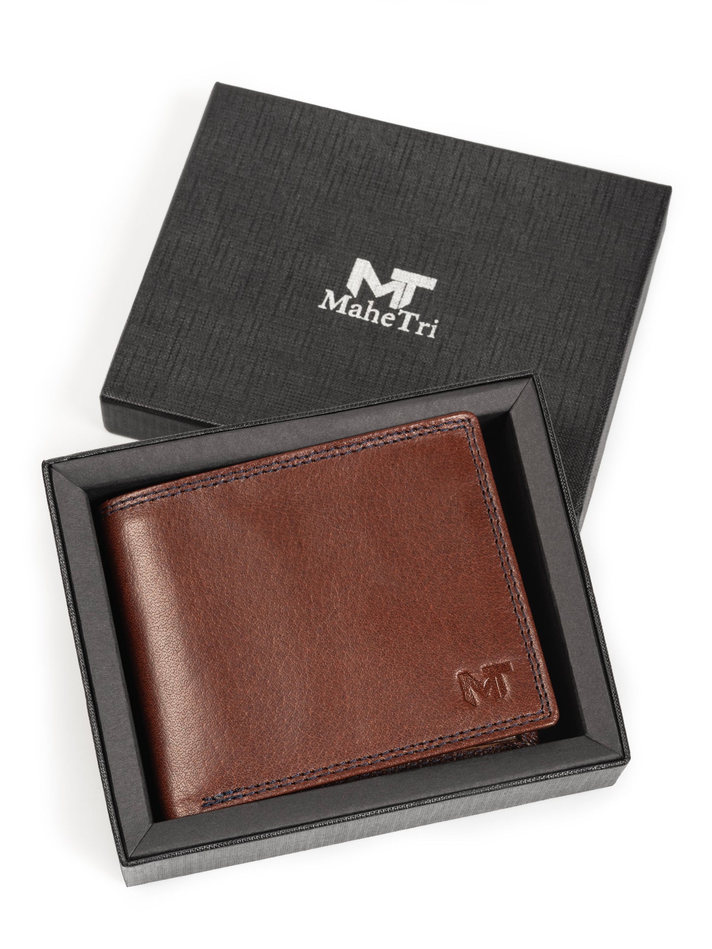 Brown leather cash and card holder with embossed logo, shown in gift box