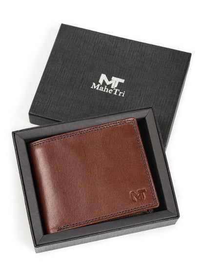 Brown leather cash and card holder with embossed logo, shown in gift box