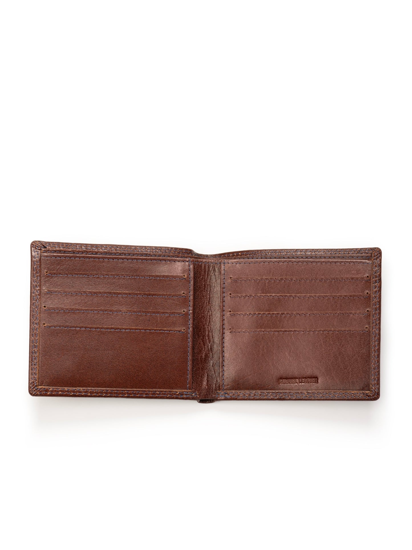 Brown leather cash and card holder, open with multiple card slots