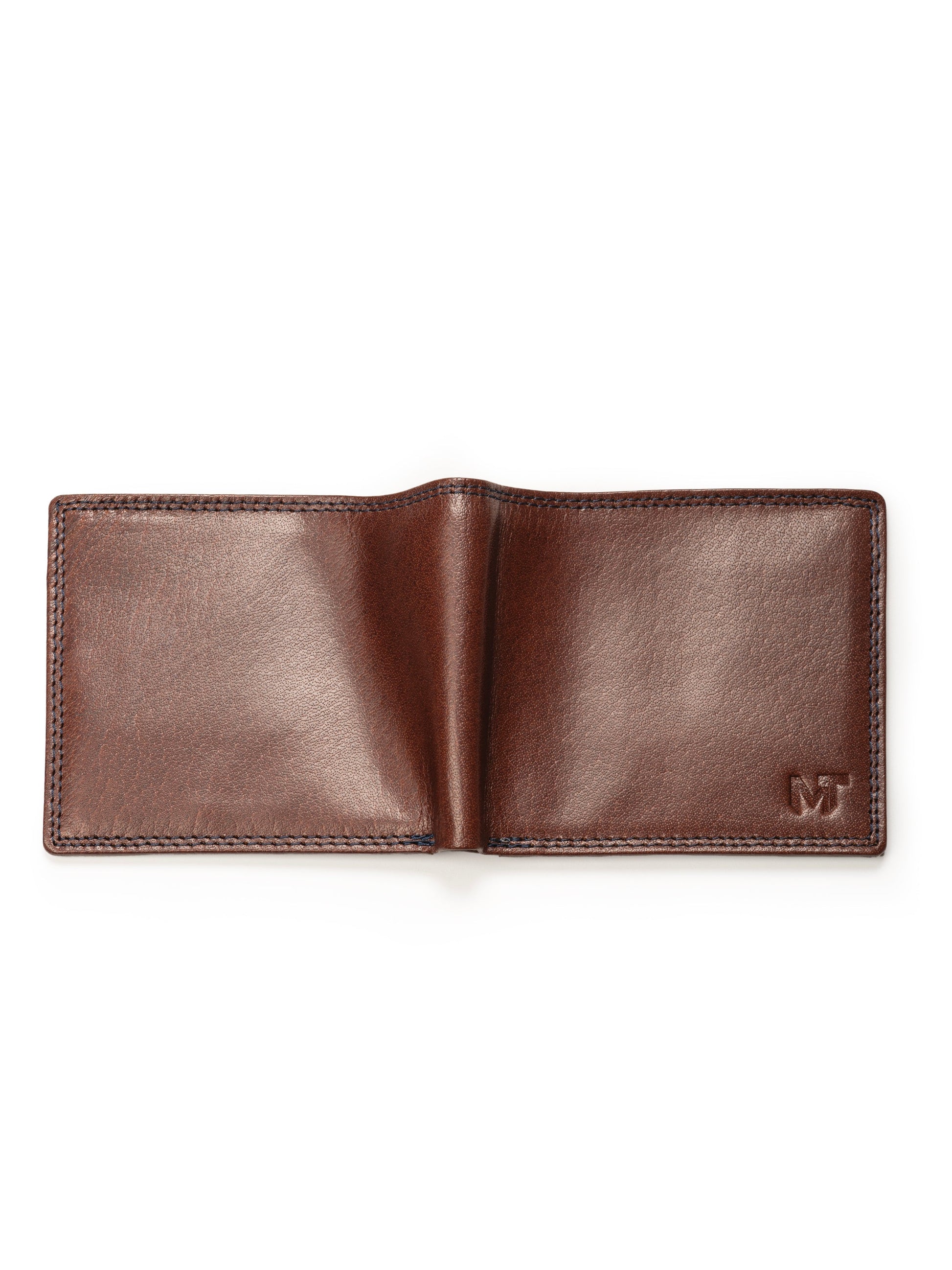 Brown leather cash and card holder open, interior card compartments and logo