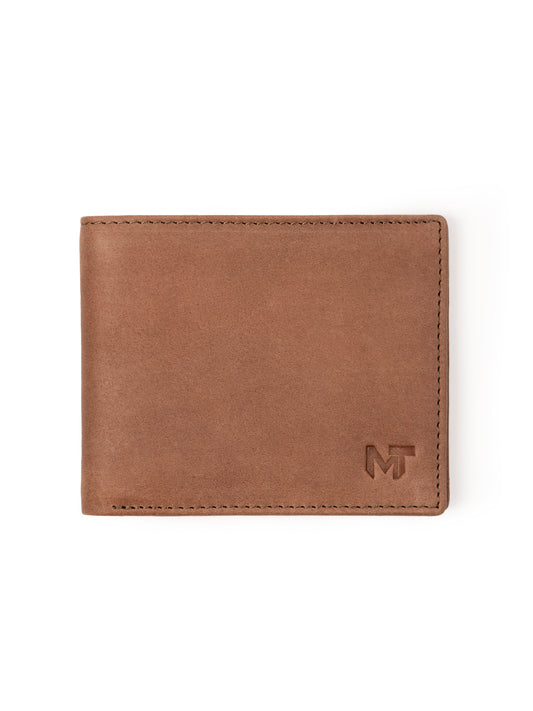 Tan brown matte leather wallet with stitched edges and M logo on front