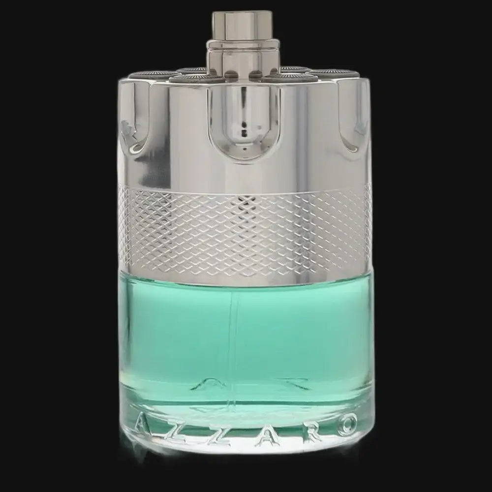 Men's cologne bottle with silver cap and teal liquid, front labelless view.