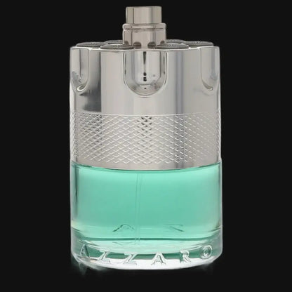 Men's cologne bottle with silver cap and teal liquid, front labelless view.