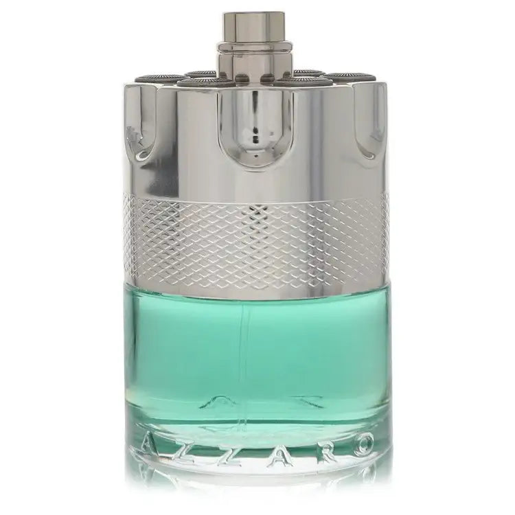 Men's cologne bottle with silver cap and teal liquid, full front view.