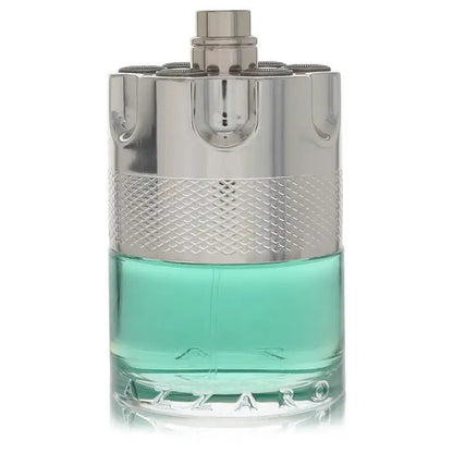 Men's cologne bottle with silver cap and teal liquid, full front view.