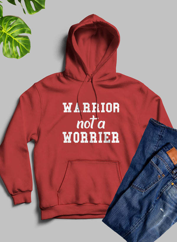 Red hoodie with front pocket and “WARRIOR not a WORRIER” print