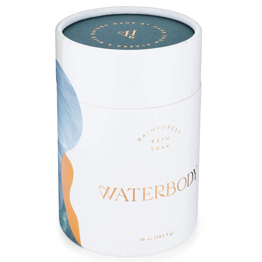 Bath soak container with Waterbody label, white canister and round lid