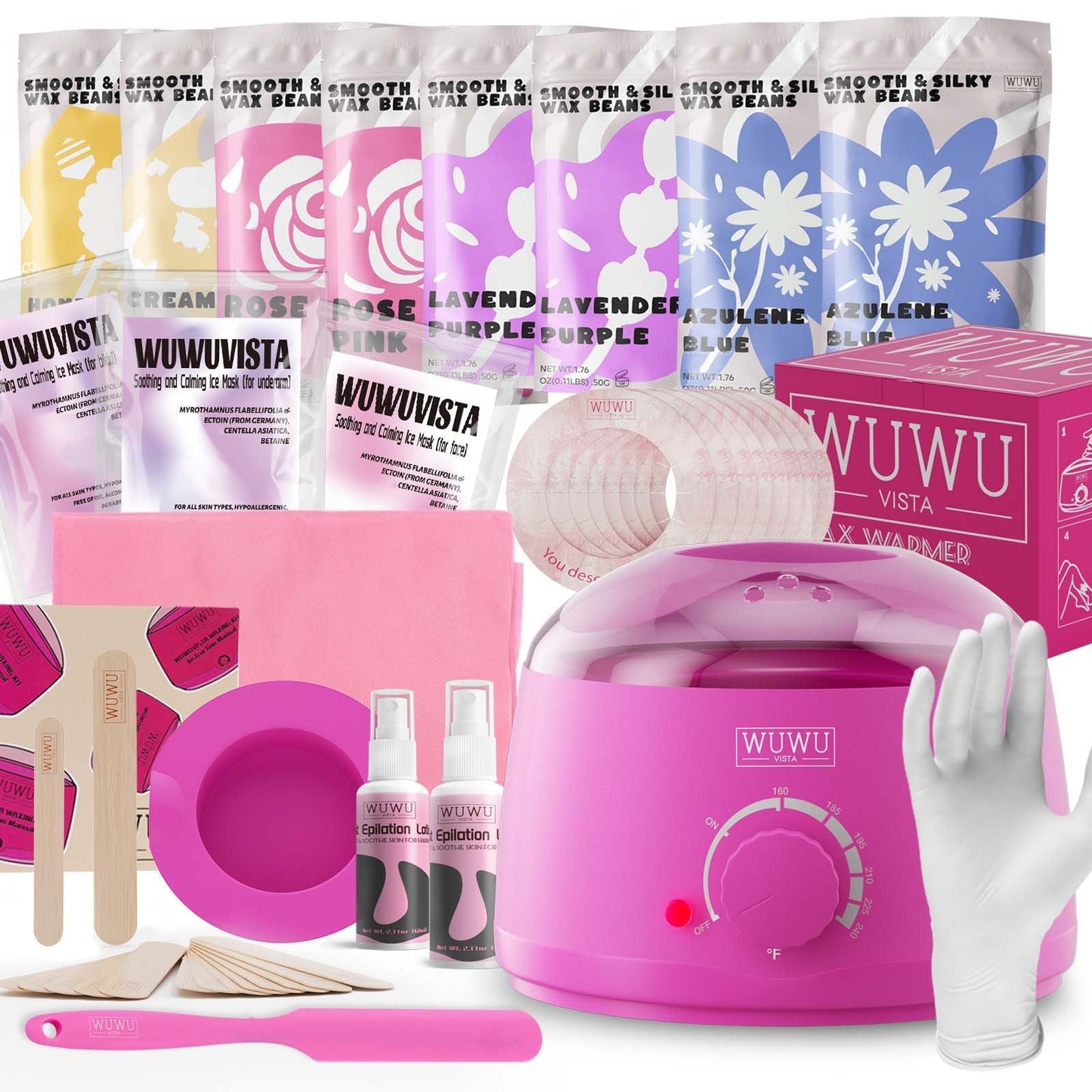 Waxing Kit 69 items - WUWUVISTA Hair Removal Hard Wax kit with Wax Warmer, Wax Beads for Face/Brazilian/Body/Sensitive Skin - Renee Lane Company