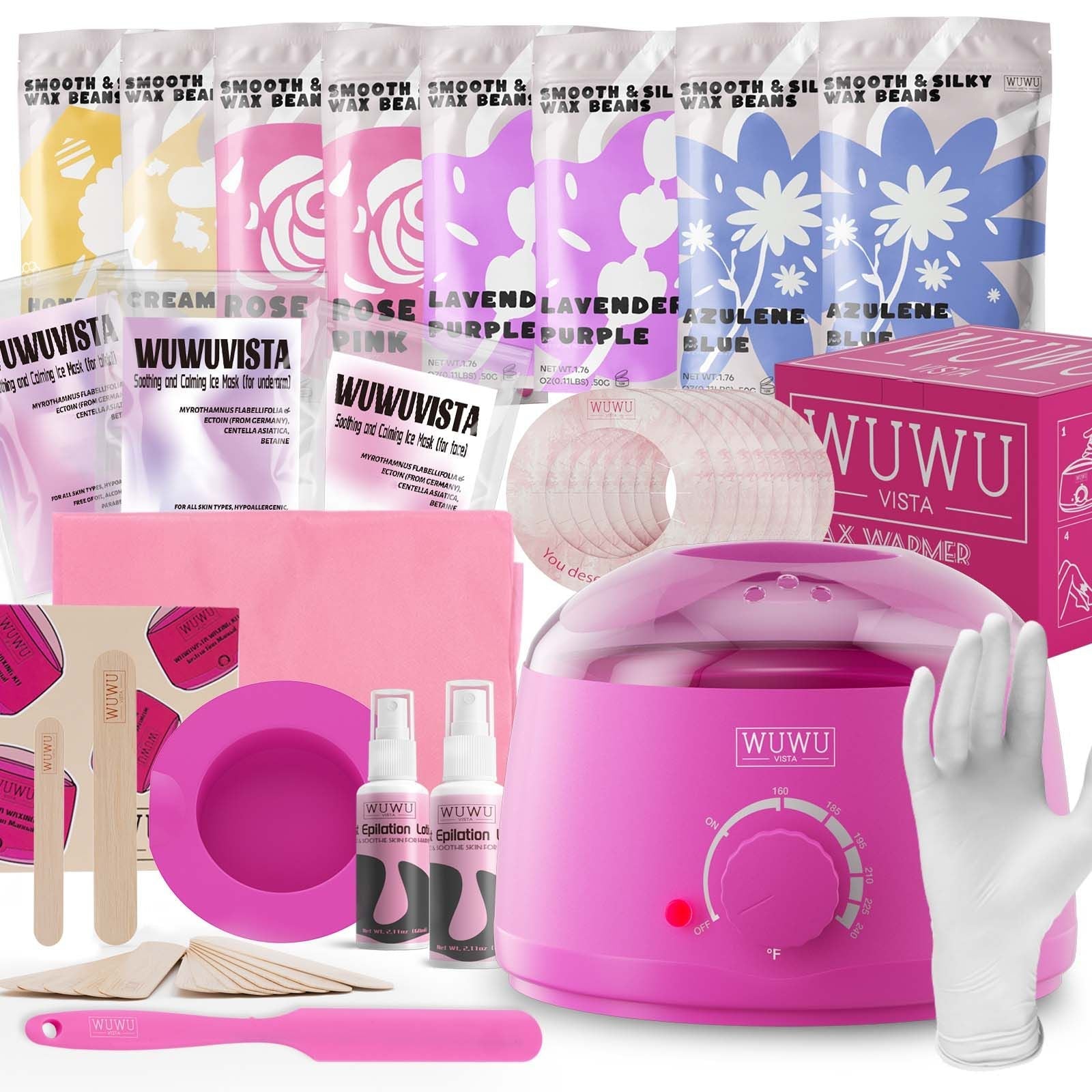 Waxing Kit 69 items - WUWUVISTA Hair Removal Hard Wax kit with Wax Warmer, Wax Beads for Face/Brazilian/Body/Sensitive Skin - Renee Lane Company