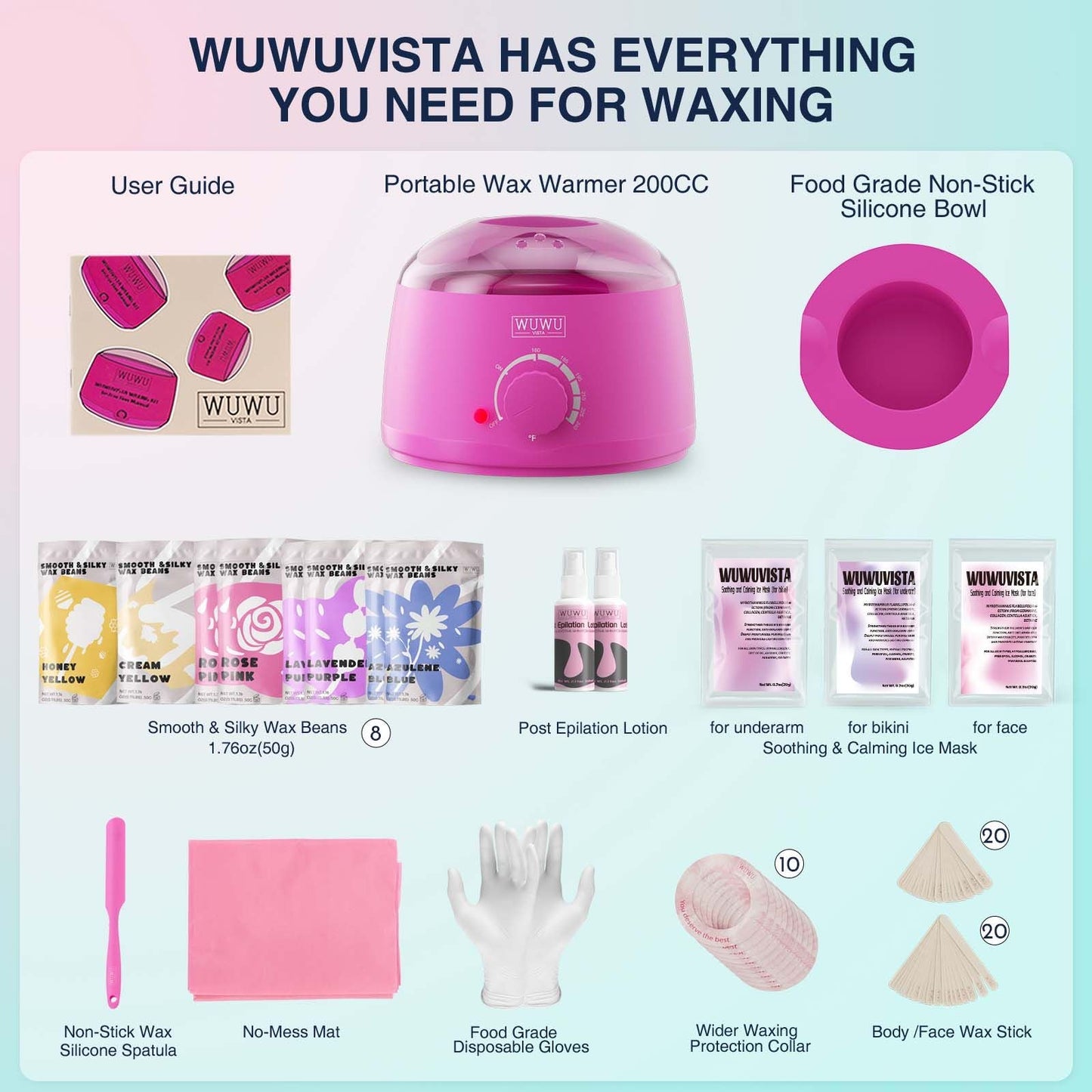 Waxing Kit 69 items - WUWUVISTA Hair Removal Hard Wax kit with Wax Warmer, Wax Beads for Face/Brazilian/Body/Sensitive Skin - Renee Lane Company
