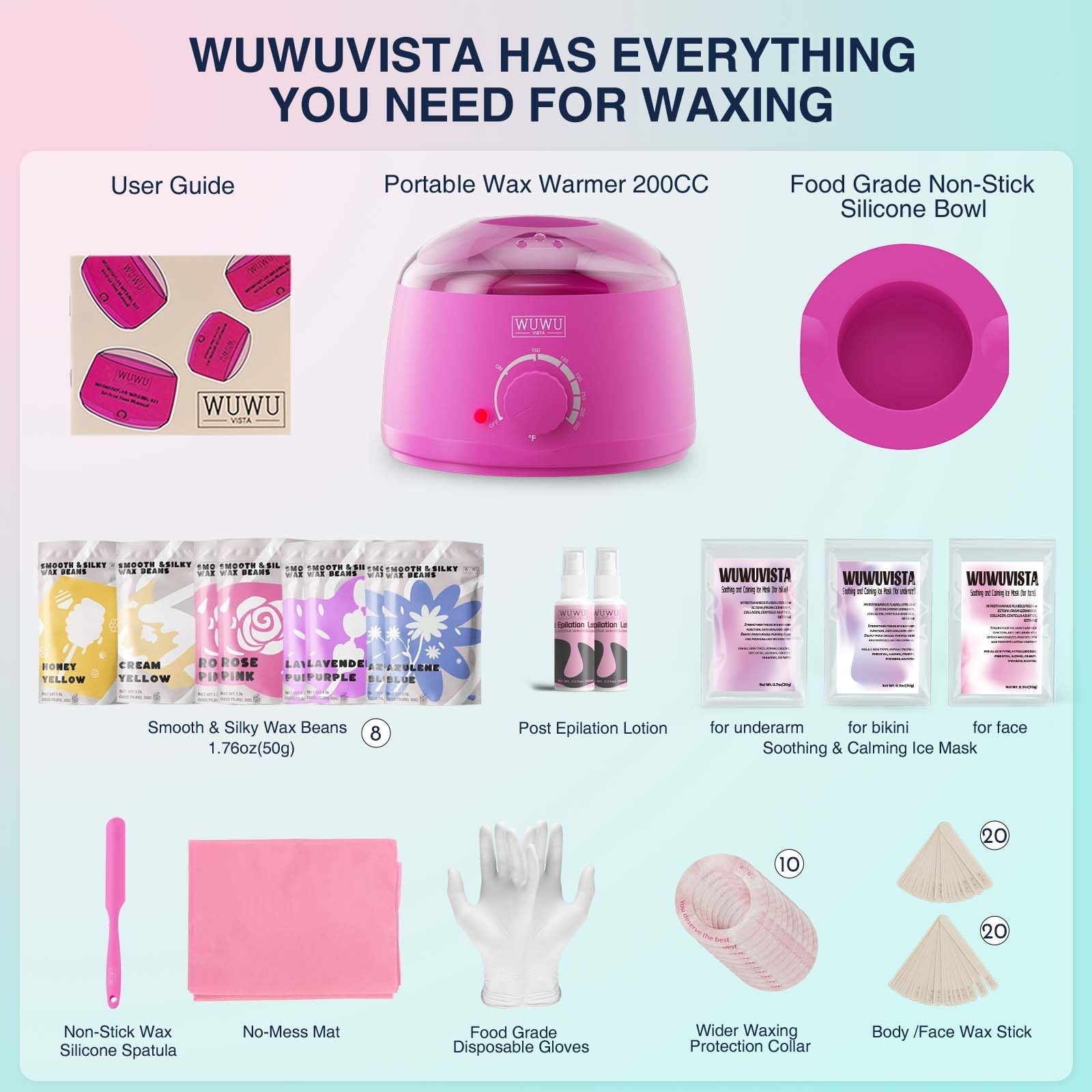 Waxing Kit 69 items - WUWUVISTA Hair Removal Hard Wax kit with Wax Warmer, Wax Beads for Face/Brazilian/Body/Sensitive Skin - Renee Lane Company